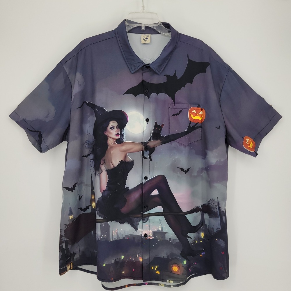 Hardaddy ~ Halloween Sexy Witch Pinup Girl ~ Graphic Button Up Shirt